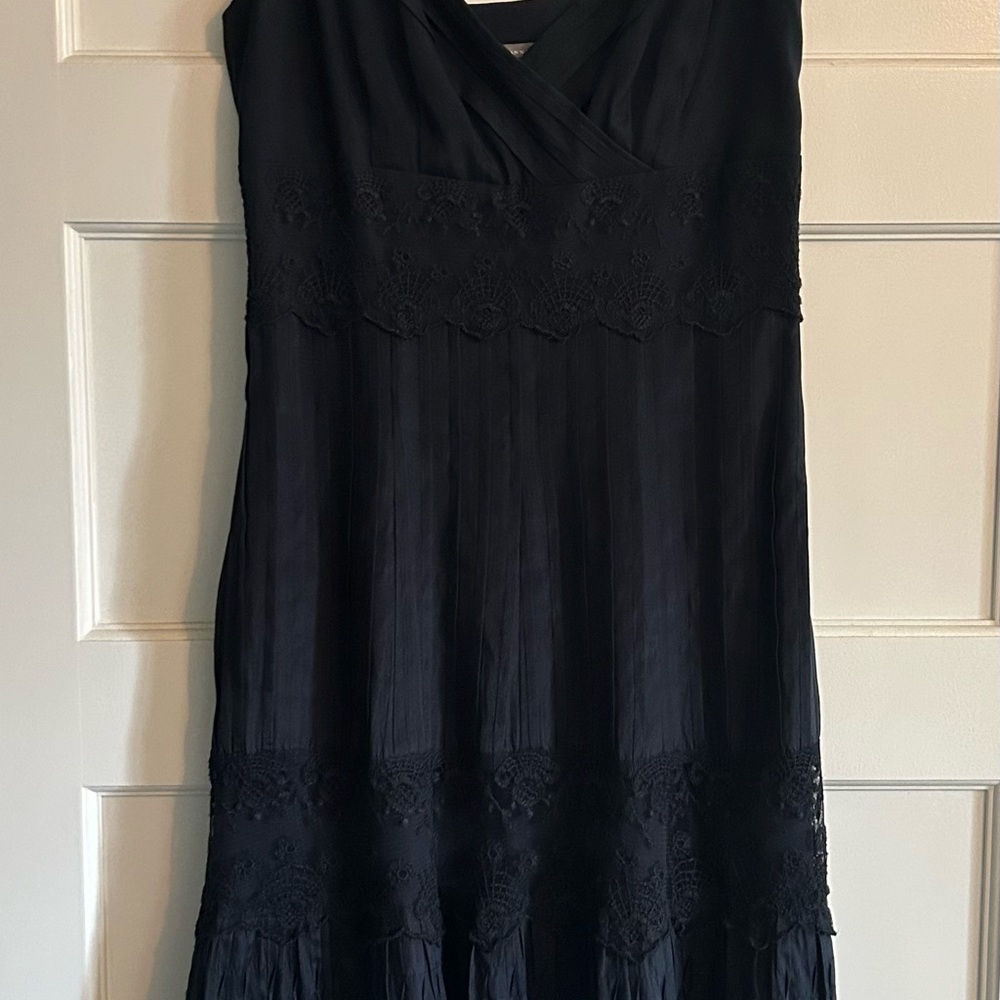 Ann Taylor Navy Silk Midi Dress with lace accents